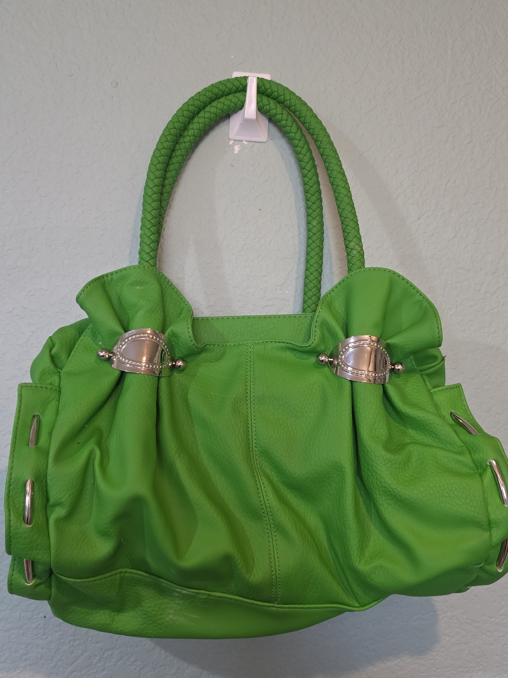 Vtg Cato Y2K Green Ruched Fx Leather Shoulder Bag Braided Straps Silver Hardware